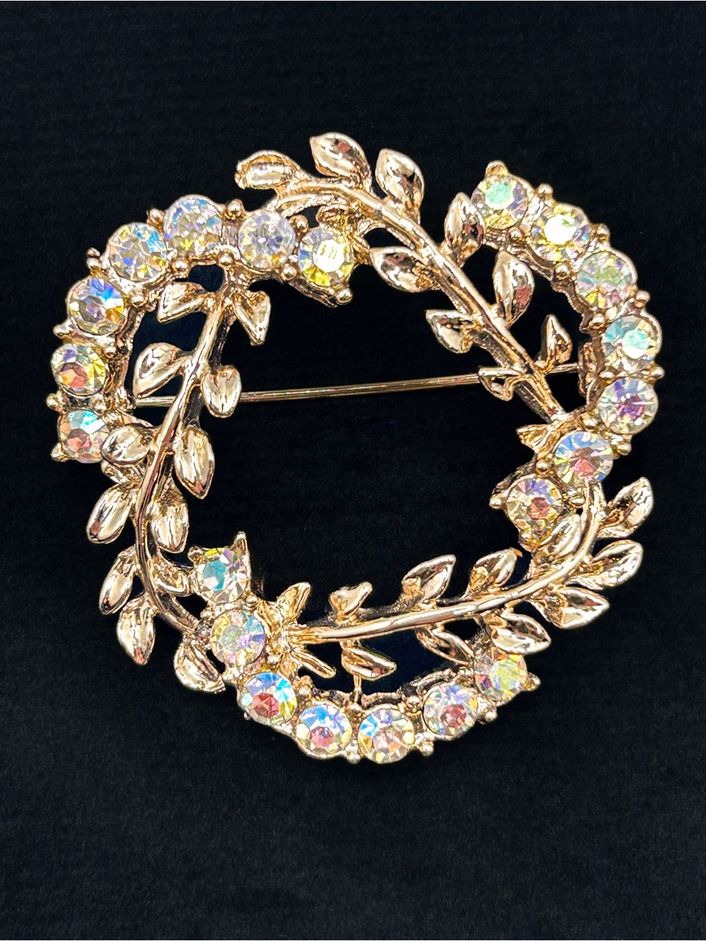 Vintage Aurora Borealis Rhinestone Wreath Brooch, Gold Tone Foliate Circle Pin